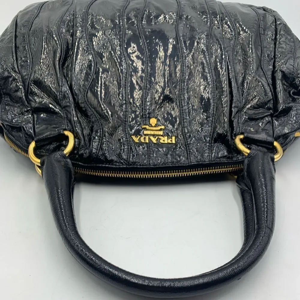 Auth Prada Black Patent Leather Whipstitch Tonal Stripe Satchel Lightweight